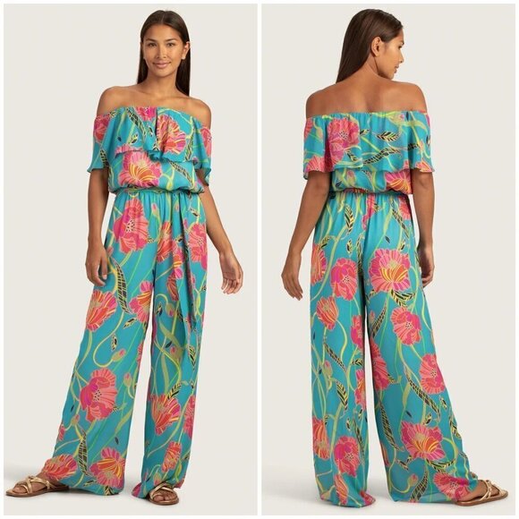 💕TRINA TURK💕 Feverish Jumpsuit ~ Atmosphere Linear Floral Georgette 0 NWT - Picture 1 of 12